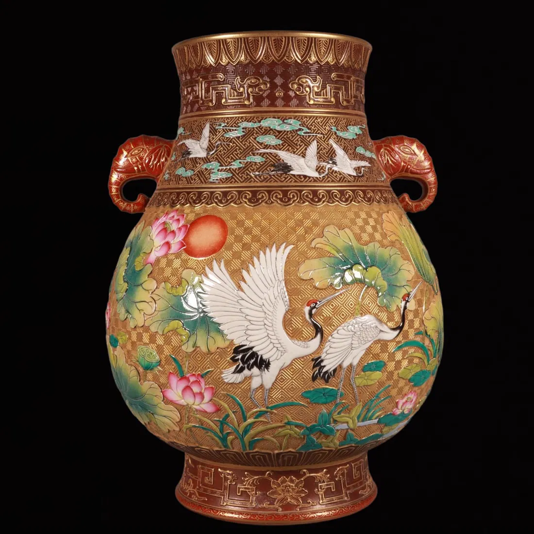 An Exquisite Enamel Gold Ground Flower and Crane Pattern Elephant-Ears Vase