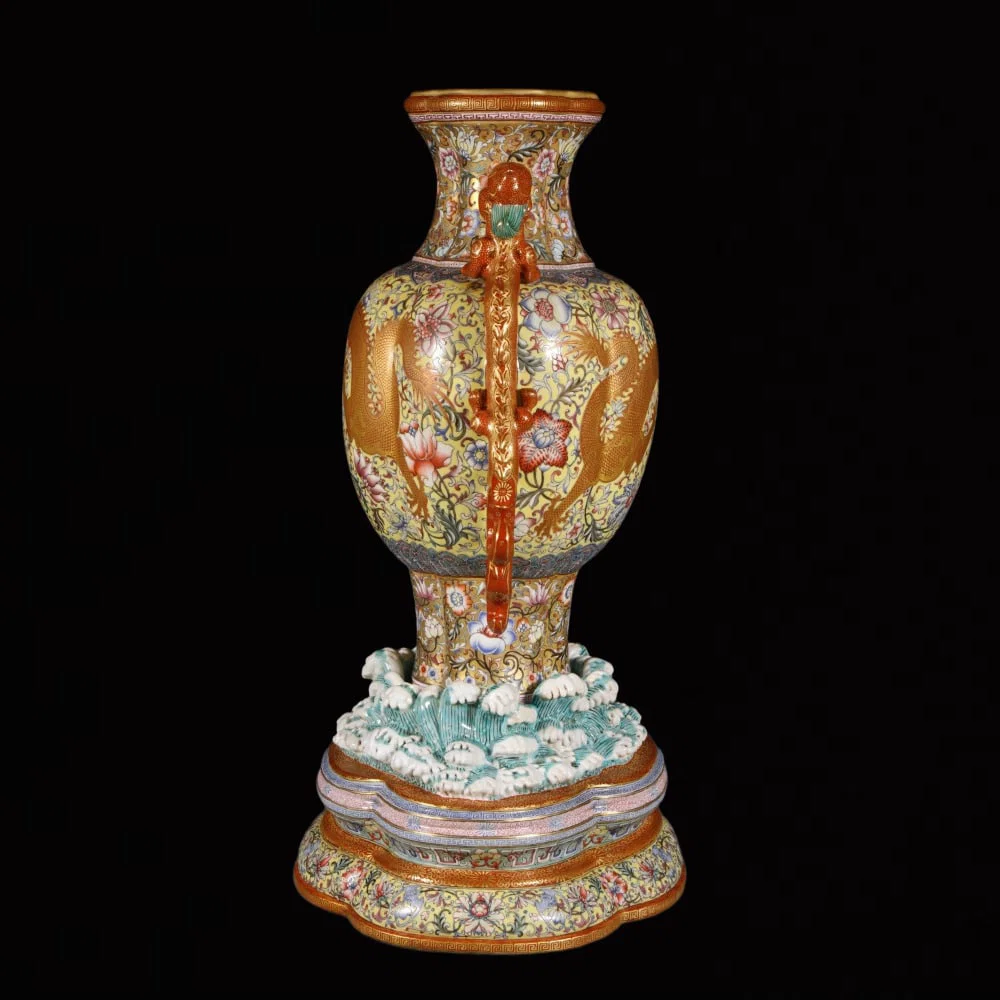 An Exquisite Enamel Gold Ground Lotus and Dragon Pattern Double-Ears Vase