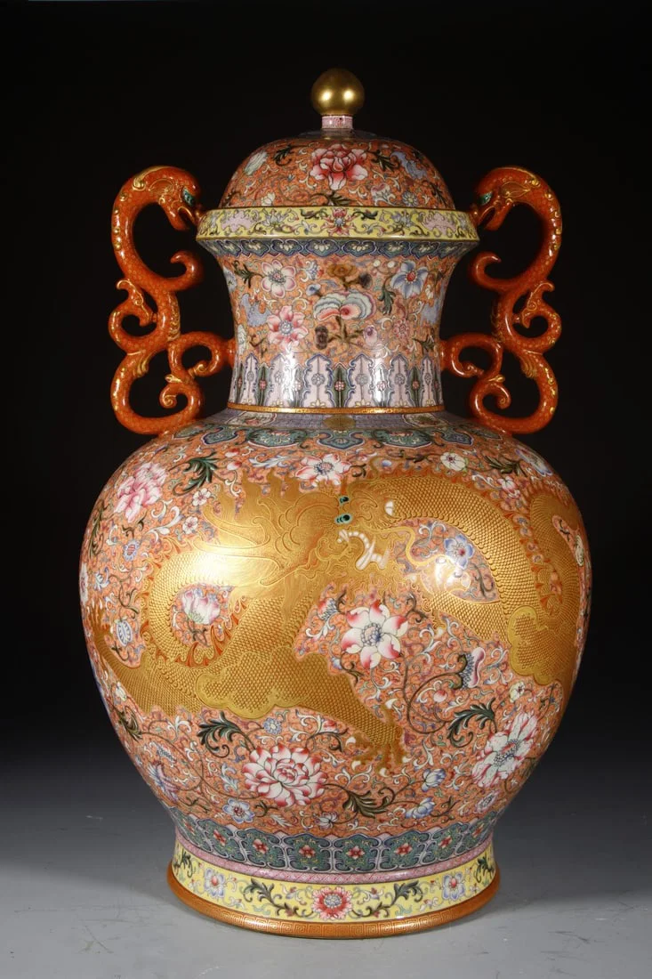 An Exquisite Enamel Lotus and Dragon Pattern Double-Ears Bottle