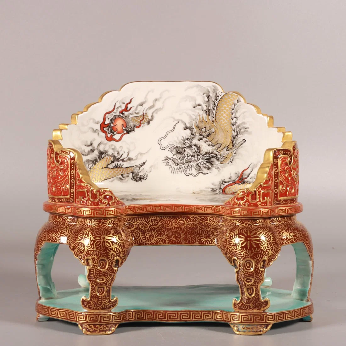 An Exquisite Enamel Painted Gold Auspicious Cloud and Dragon Pattern Chair,with an Imperial Poem by