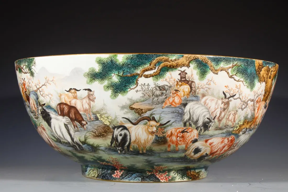 An Exquisite Enamel Pine and Sheep Pattern Bowl,with an Imperial Poem by Emperor Qianlong