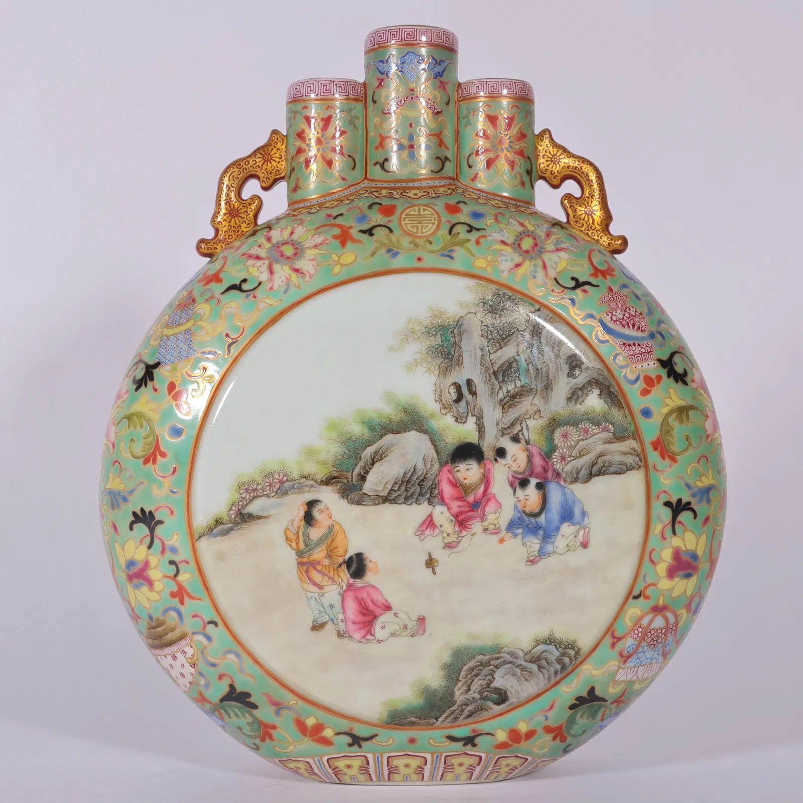 An Exquisite Enamel Turquoise Ground Painted Gold Lotus,Landscape and Figure Pattern Double-Ears