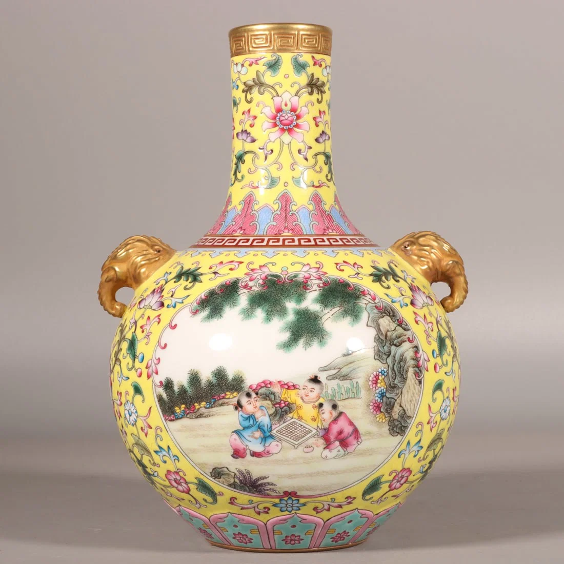An Exquisite Enamel Yellow Ground Character and Story Pattern Beast-Ears Vase