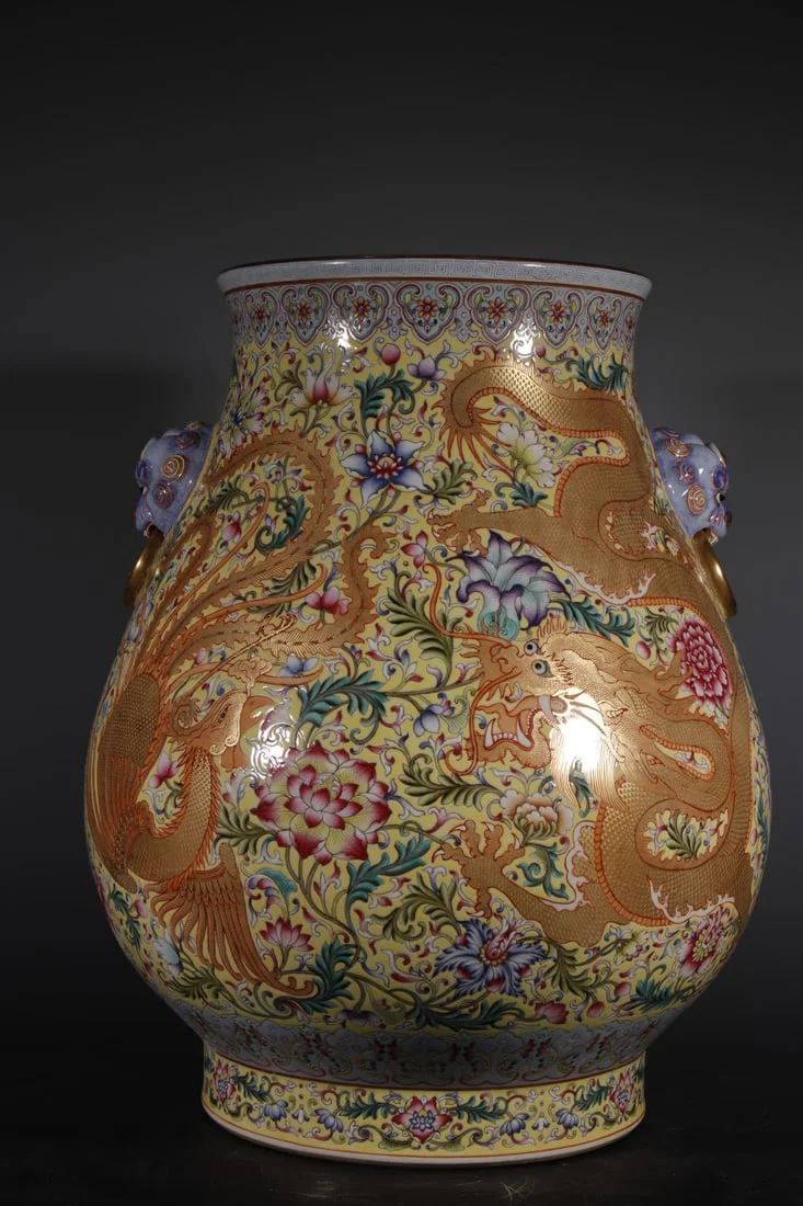 An Exquisite Enamel Yellow Ground Dragon and Phoenix Pattern Lion-Ears Vase