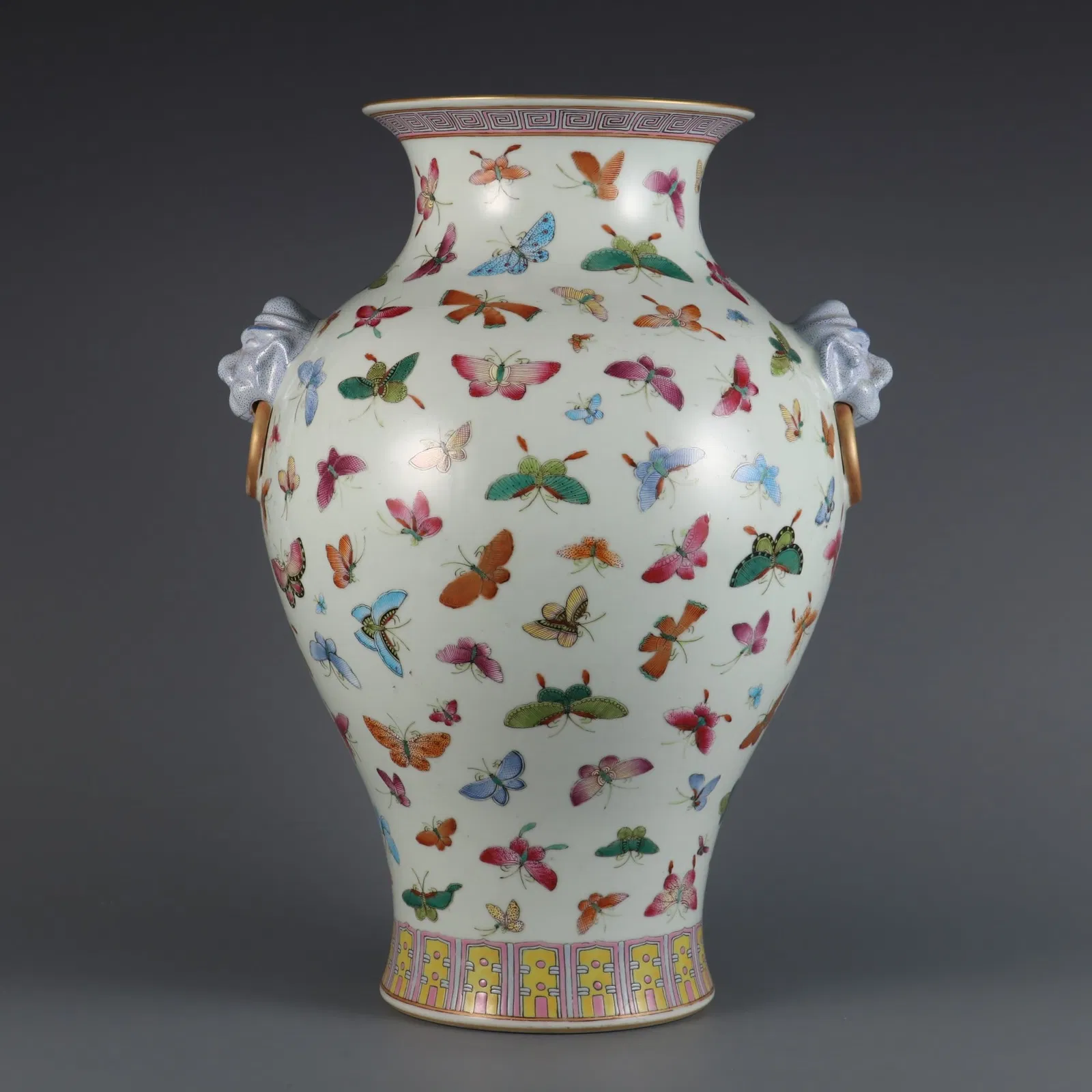An Exquisite Famille-Rose Butterfly Pattern Double-Ears Vase