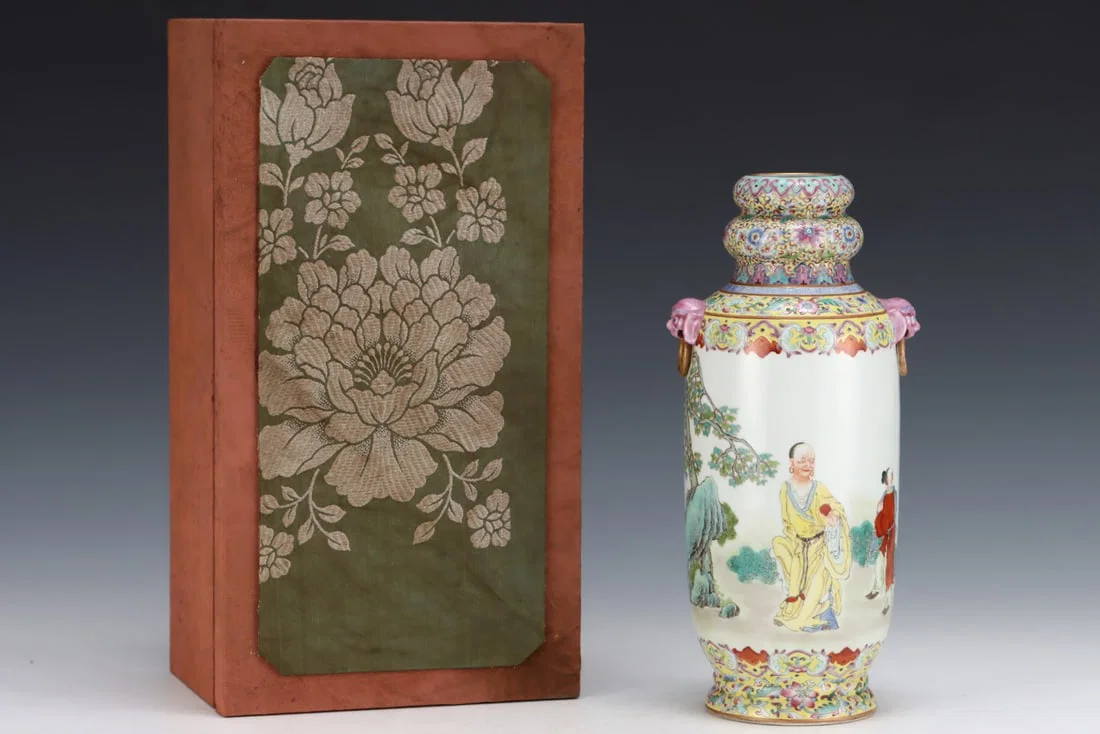 An Exquisite Famille-Rose Character and Story Pattern Beast-Ears Vase