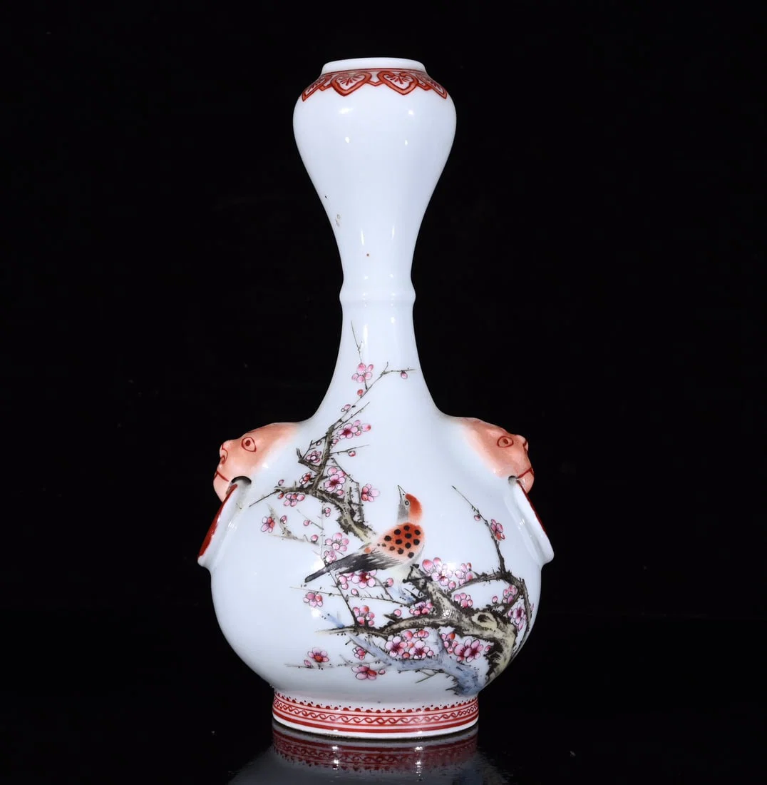 An Exquisite Famille-Rose Flower and Bird Pattern Beast-Ears Vase