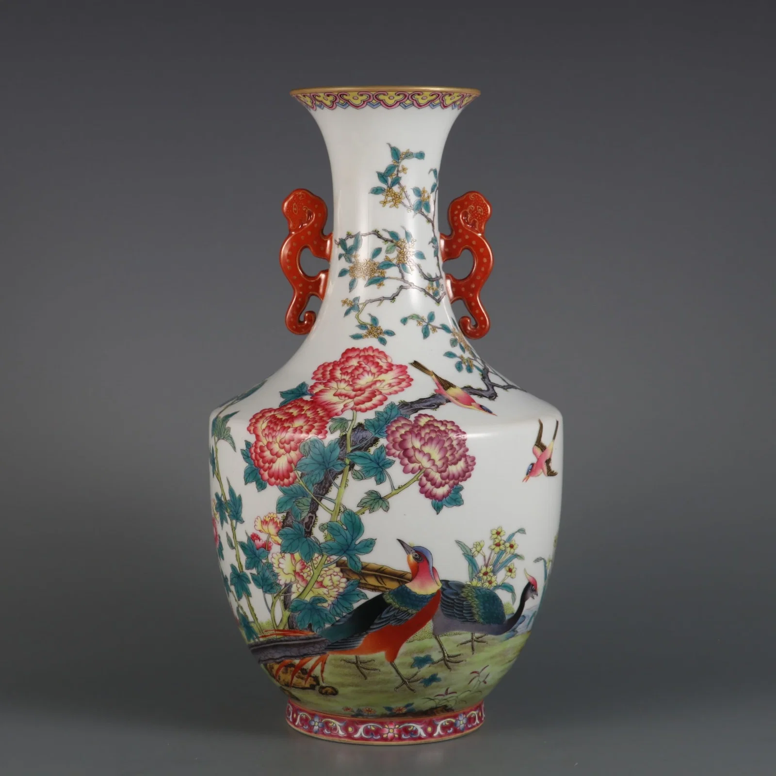 An Exquisite Famille-Rose Flower and Bird Pattern Double-Ears Vase,with poem