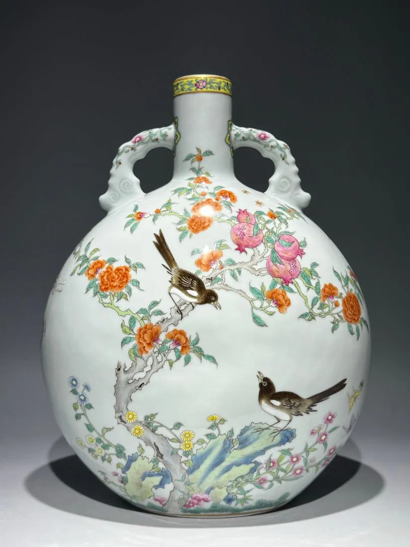 An Exquisite Famille-Rose Flower and Bird Pattern Double-Ears Vase