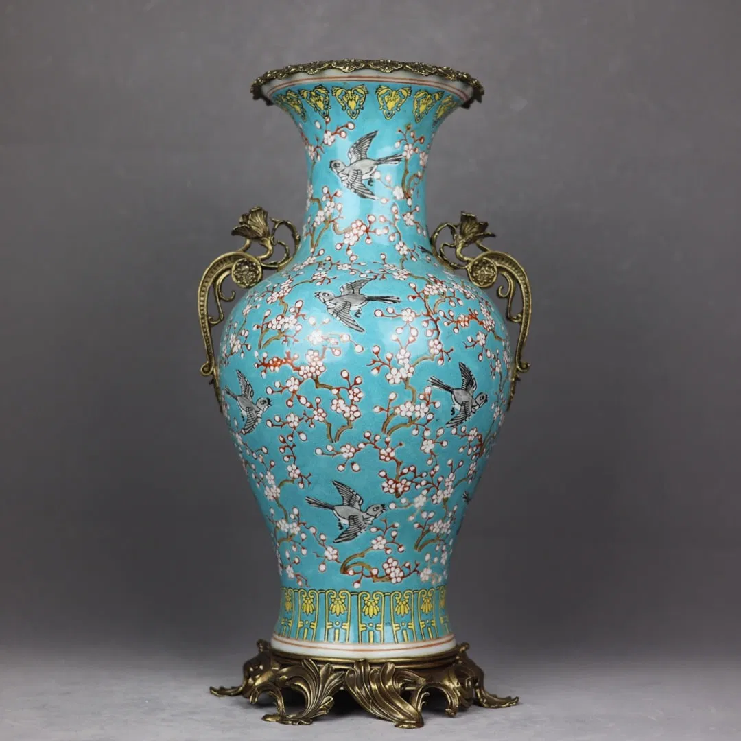 An Exquisite Famille-Rose Green Ground Inlaid Bronze Flower and Bird Pattern Double-Ears Vase
