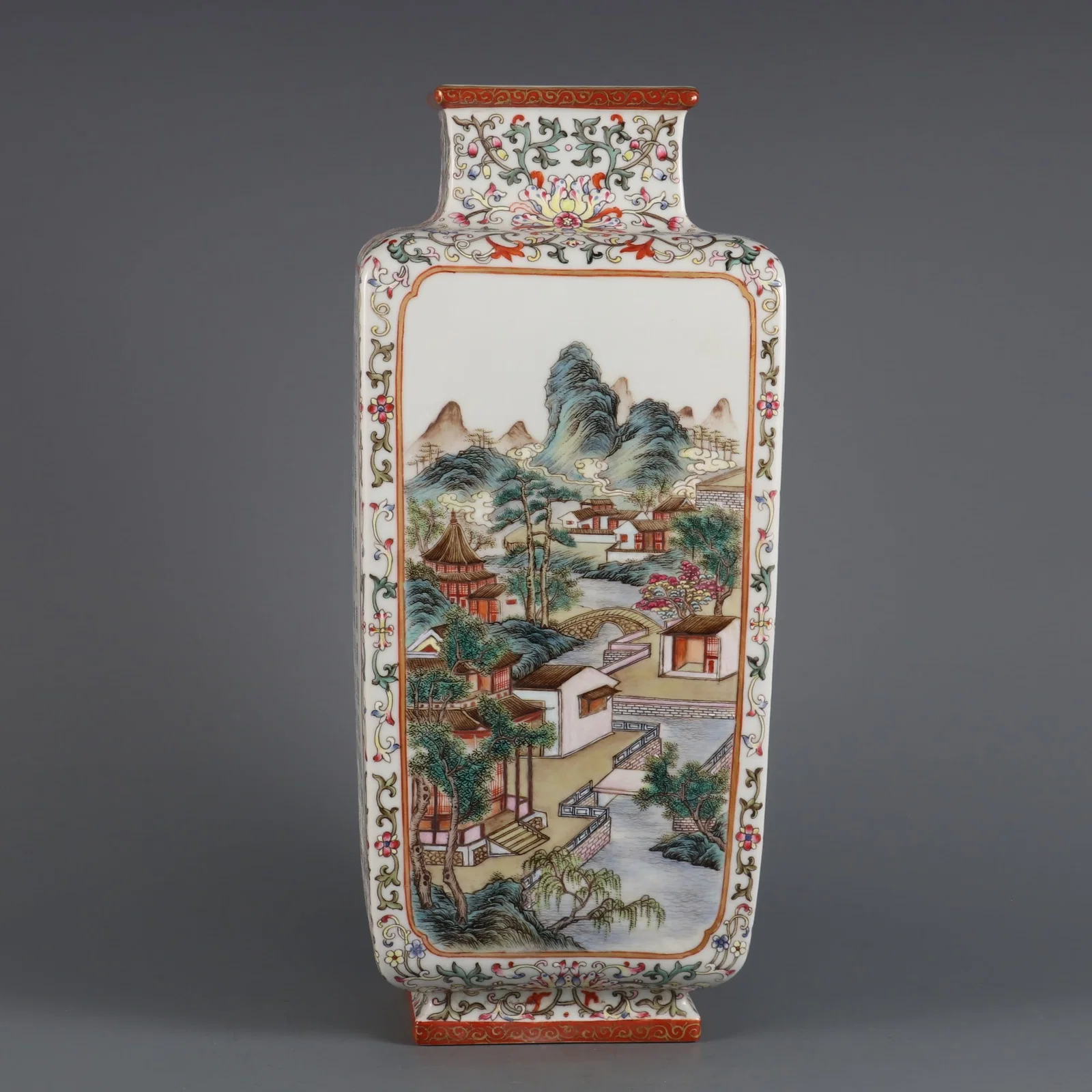 An Exquisite Famille-Rose Lotus Pattern Landscape Pattern with poem Vase