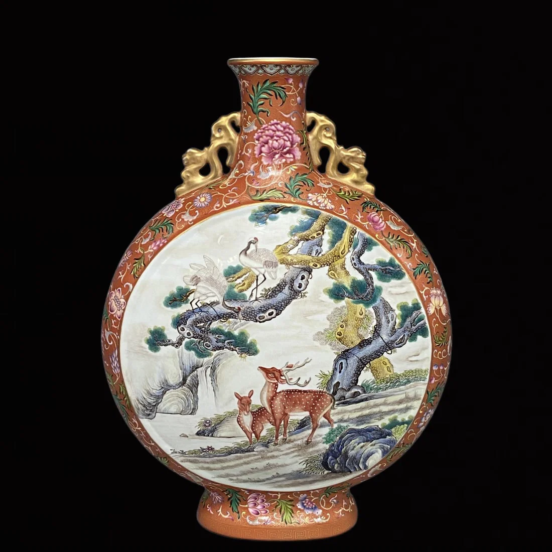 An Exquisite Famille-Rose Pine and Deer Pattern Double-Ears Vase