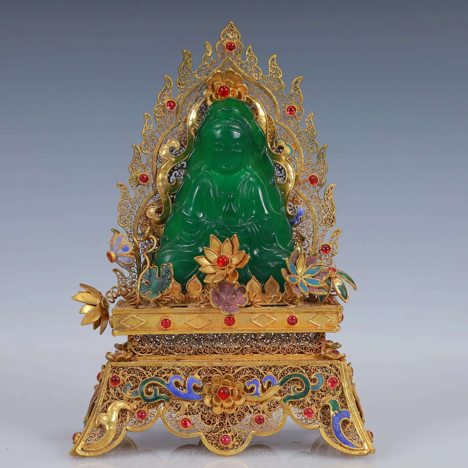An Exquisite Filigree and Gilding Inlaid Jadeite Statue of Avalokitesvara,Inlaid Gems