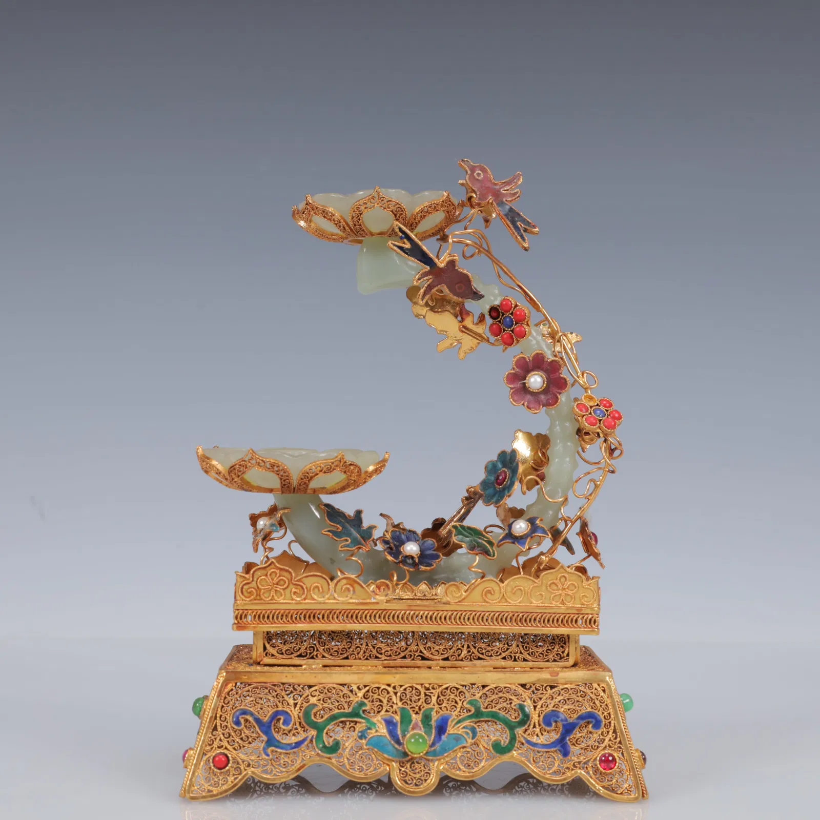 An Exquisite Filigree and Gilding Inlaid White Jade Lotus Ornament,Inlaid Gems