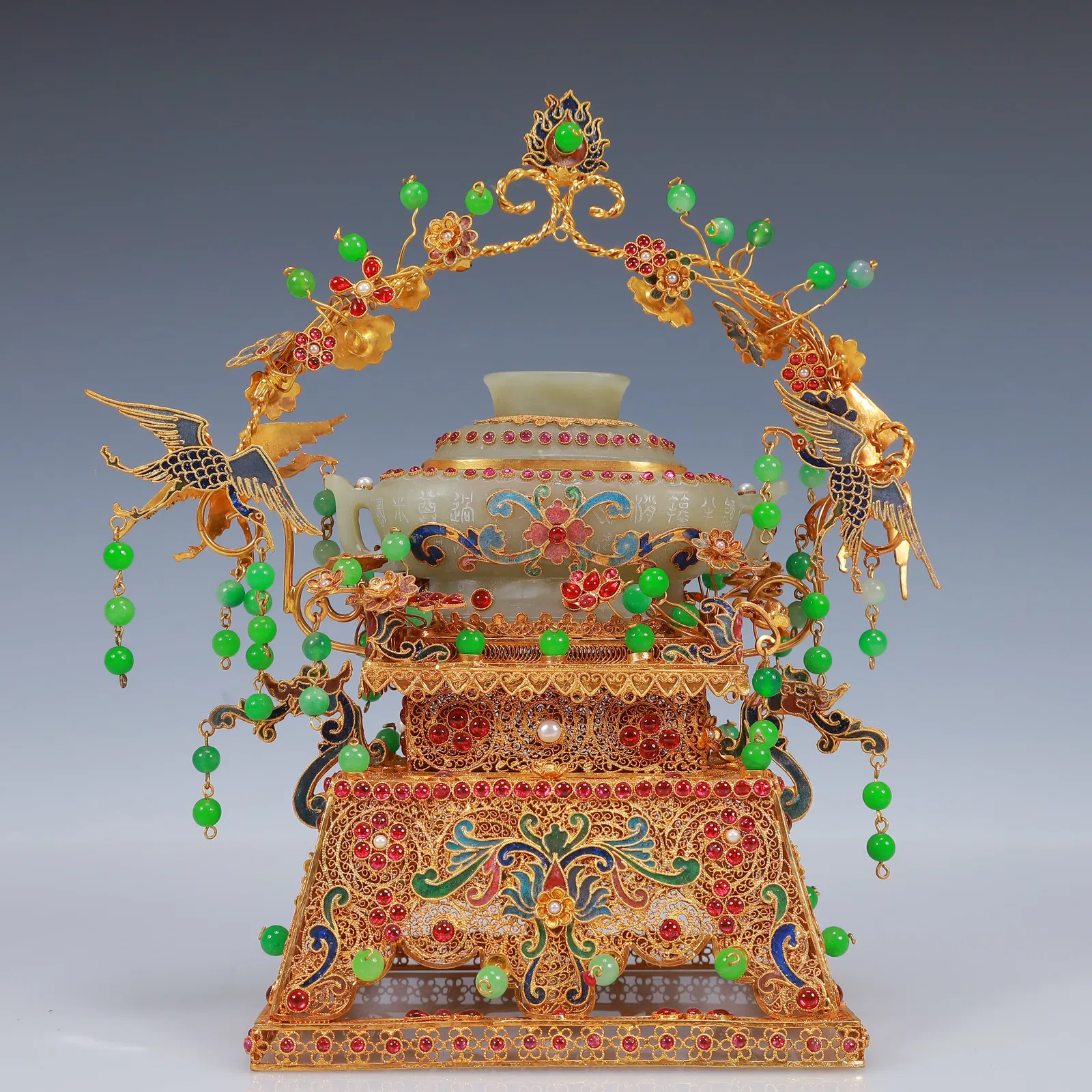 An Exquisite Filigree and Gilding Inlaid White Jade Poem Double-Ears Censer,Inlaid Gems