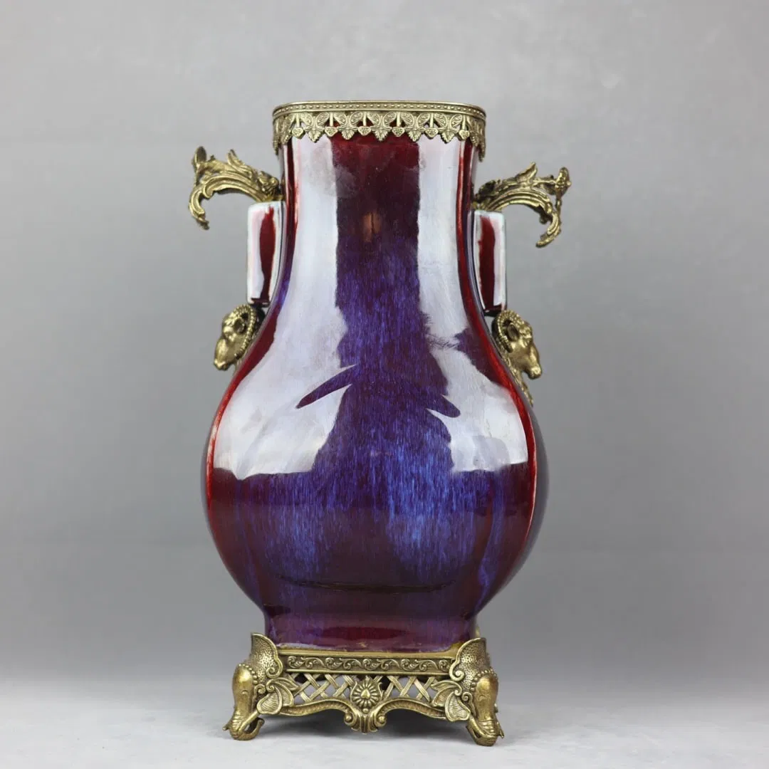 An Exquisite Flambe Glazed Inlaid Bronze Double-Ears Vase