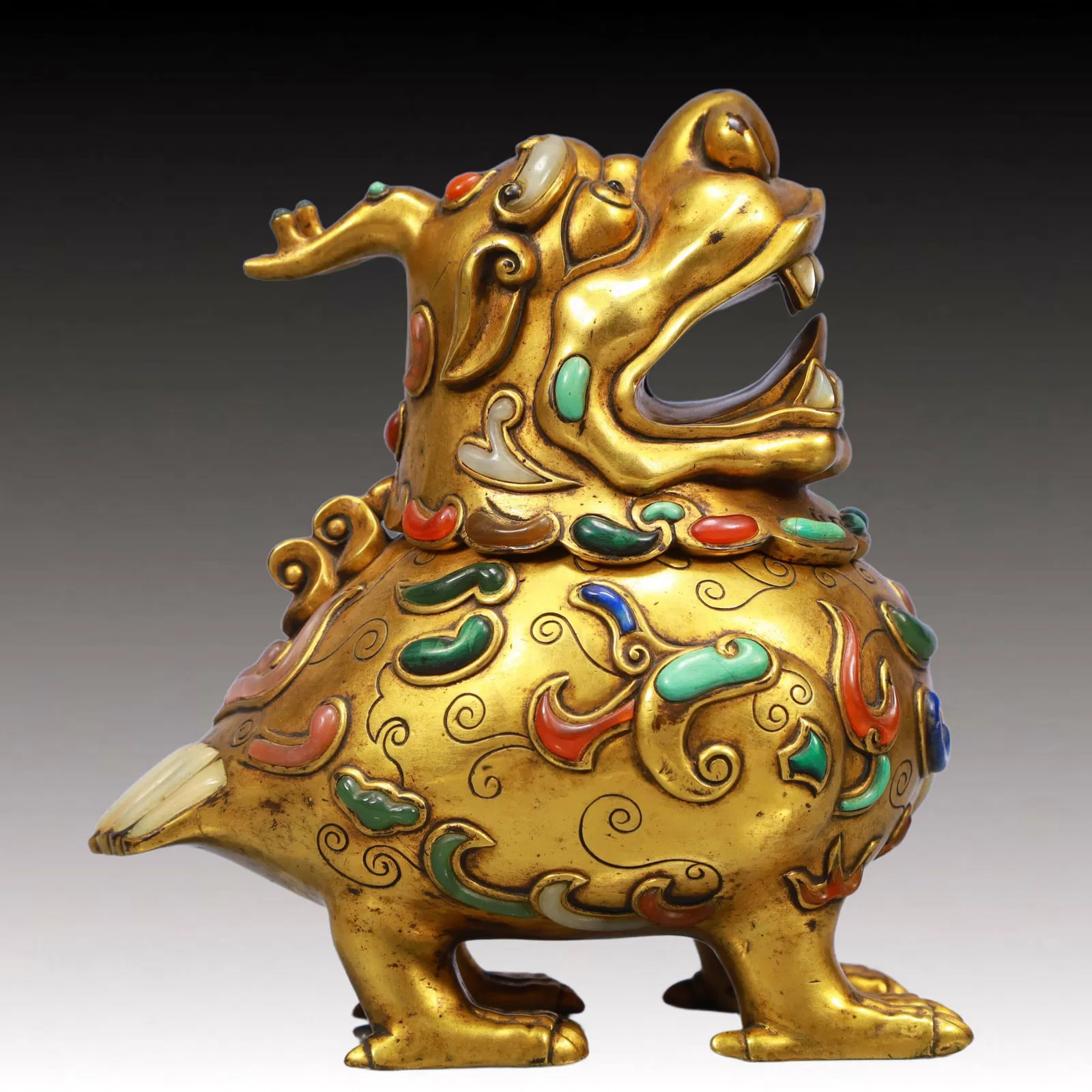 An Exquisite Gilt Bronze Auspicious Beast Censer, Inlaid Turquoise
