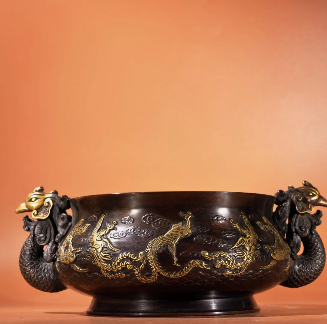 An Exquisite Gilt Bronze Auspicious Cloud and Dragon Pattern Phoenix-Ears Censer
