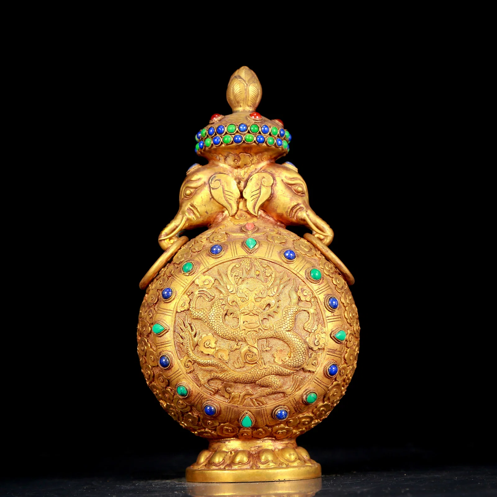An exquisite gilt bronze elephant-ear vase inlaid with gems and dragon pattern