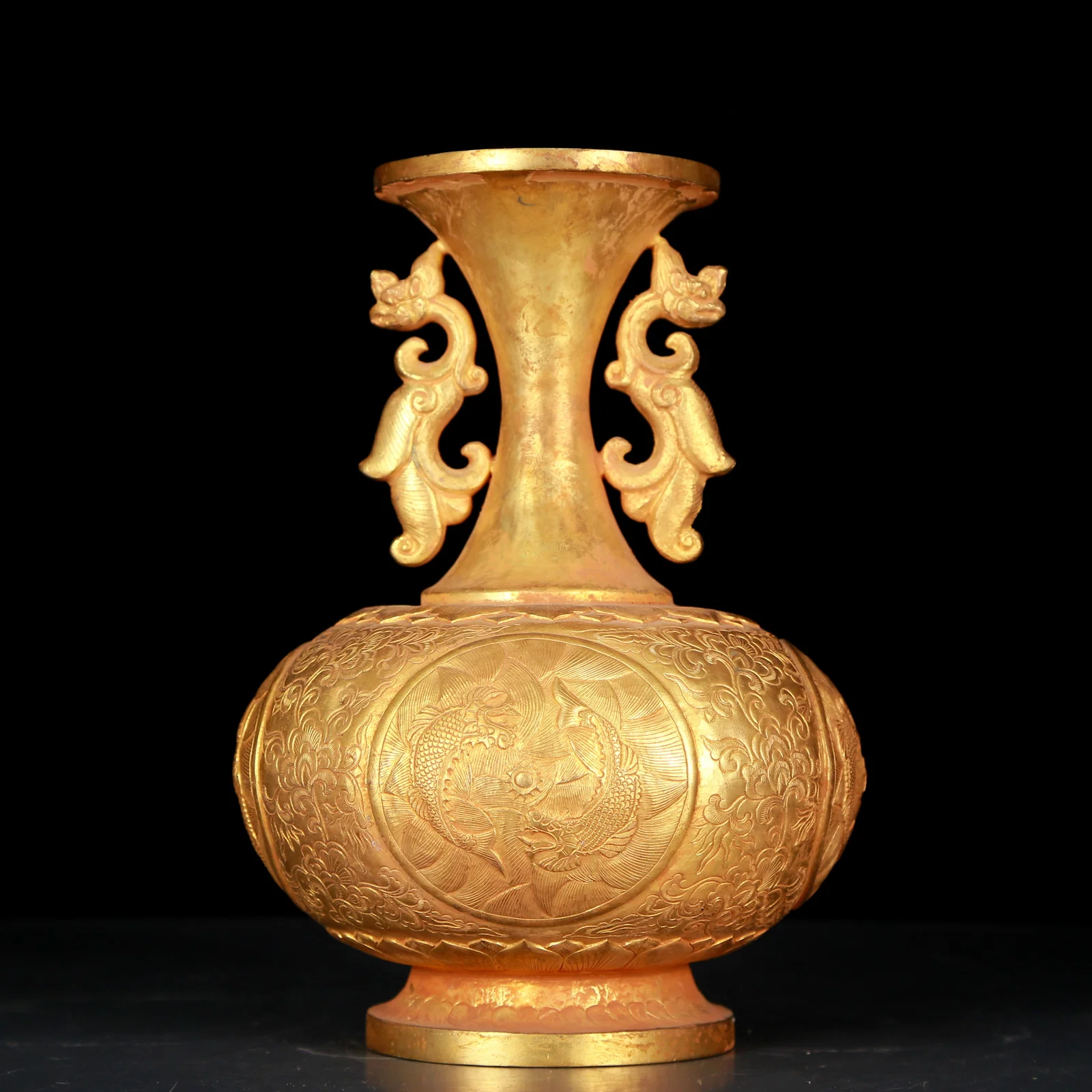 An Exquisite Gilt Bronze Fish Pattern Beast-Ears Vase