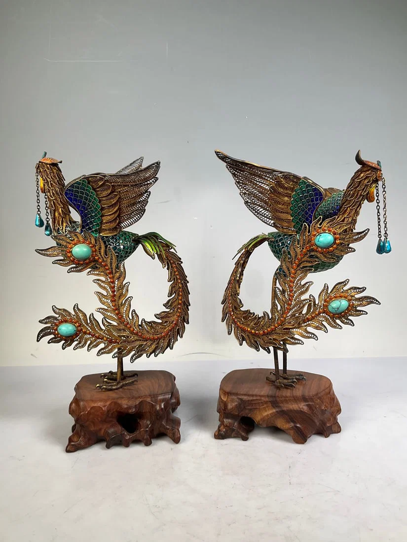 An Exquisite Gilt Silver Inlaid Gems Phoenix Ornament