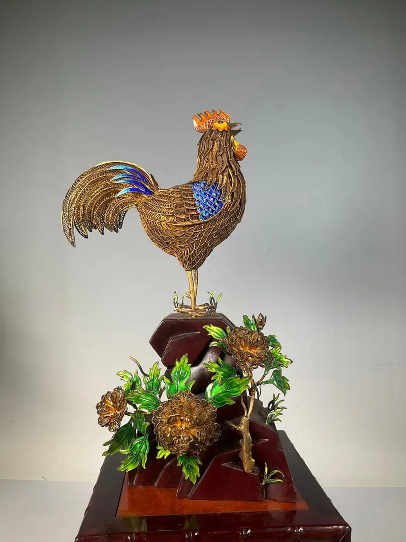 An Exquisite Gilt Silver Rooster Ornament