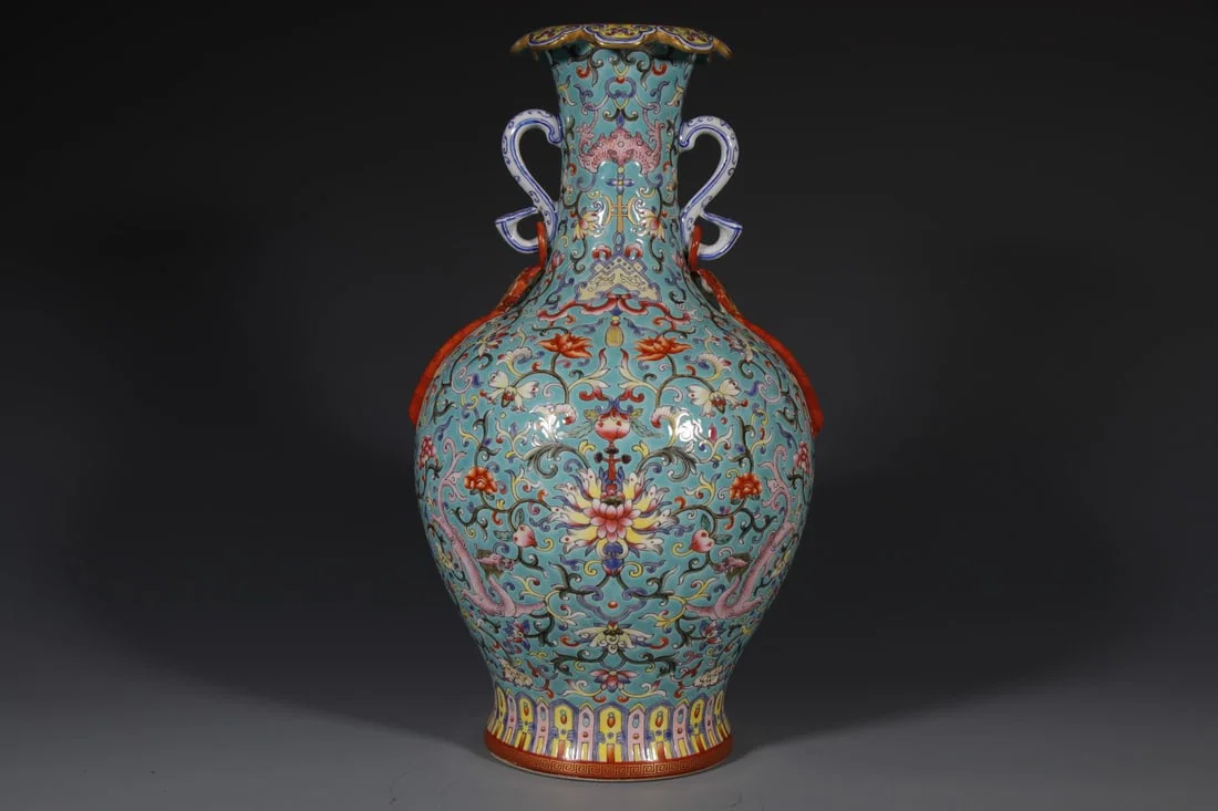 An Exquisite Green Ground Enamel Lotus Pattern Double-Ears Vase