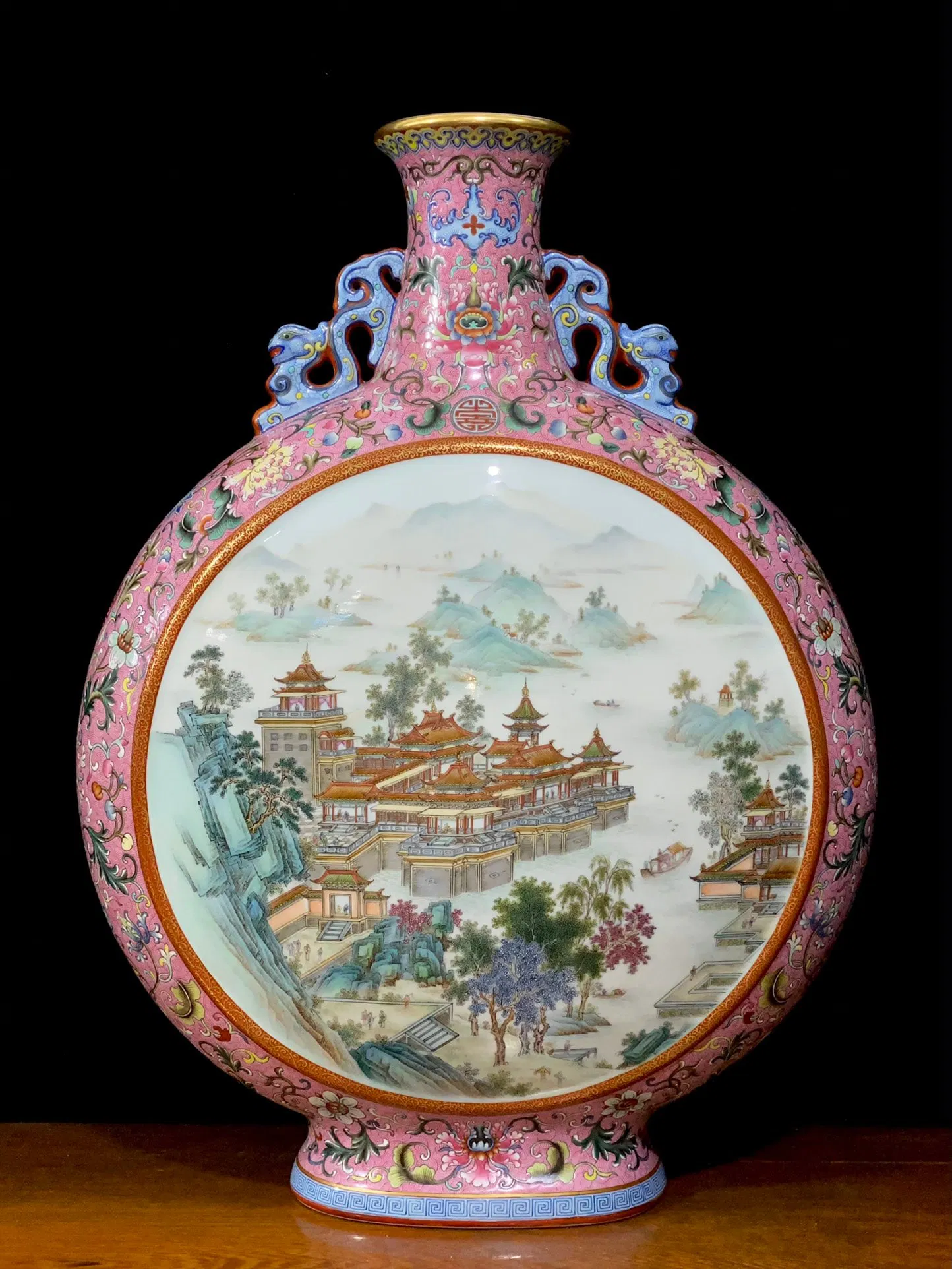 An Exquisite Green Ground Famille-Rose Painted Gold Landscape Pattern Double-Ears Vase