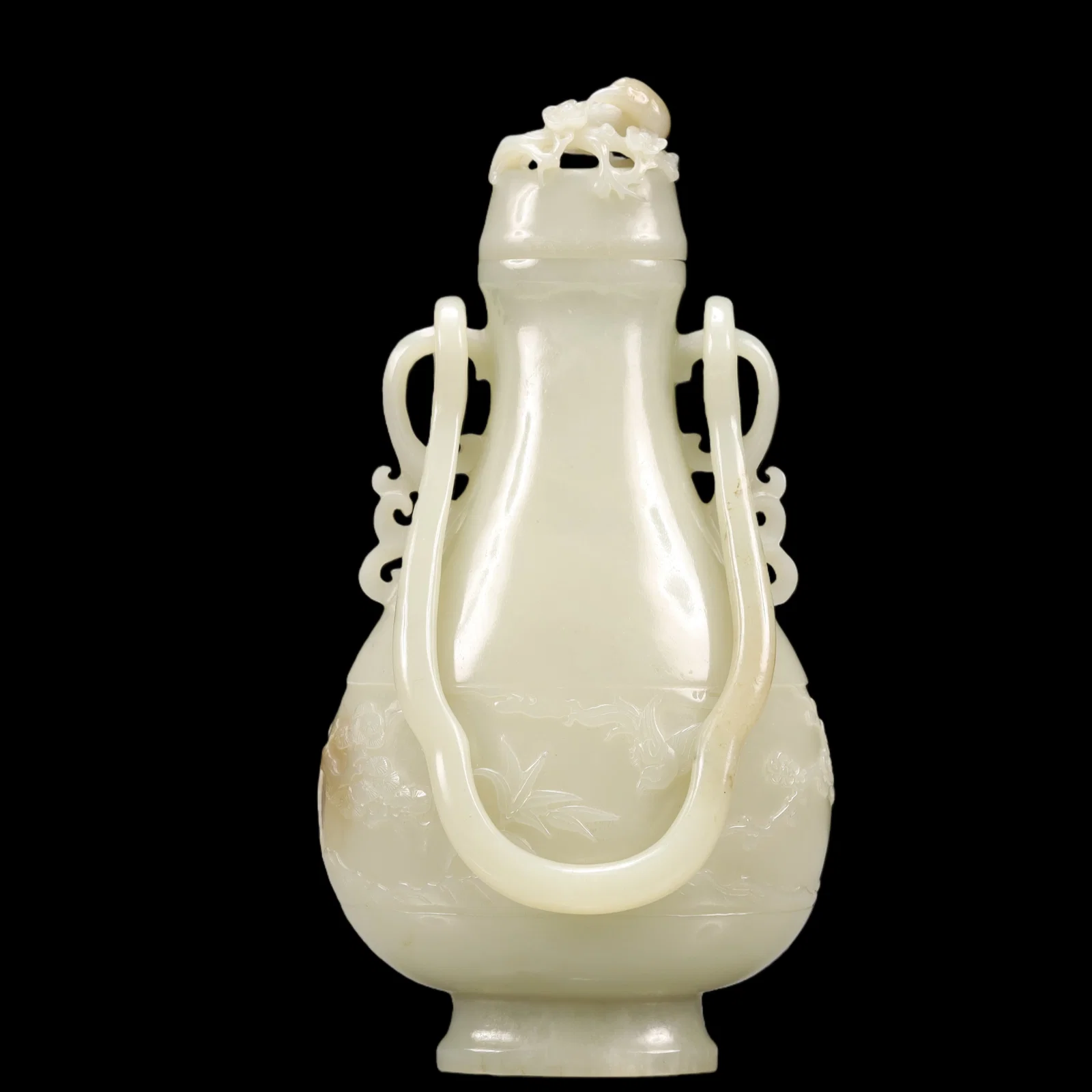 An Exquisite Green Jade Pine, Bamboo and Plum Blossom Pattern Double-Ears Vase
