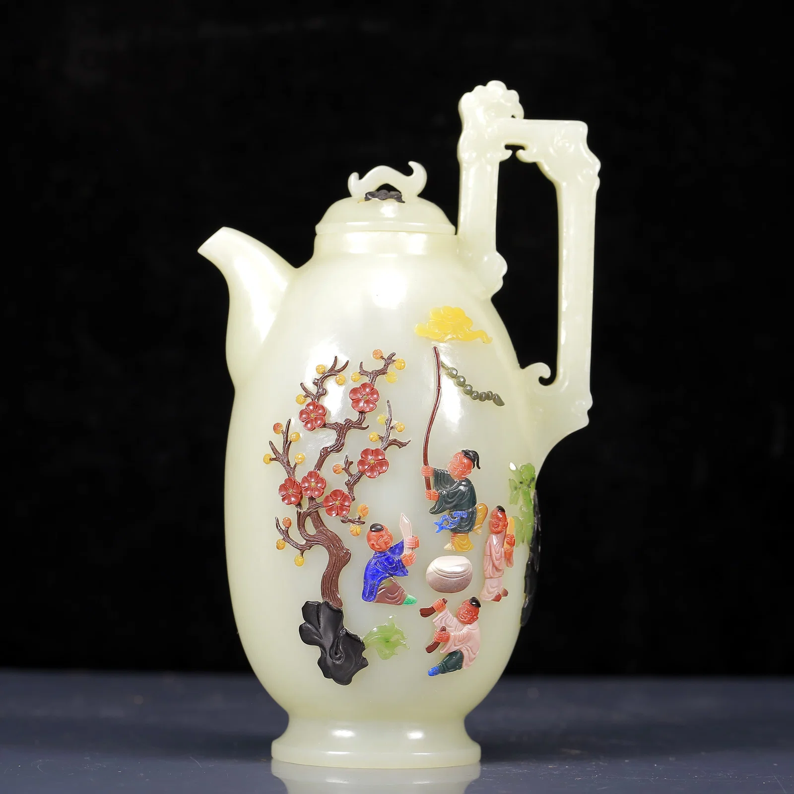 An Exquisite Greenish Jade Inlaid Gems Character and Story Pattern Ewer