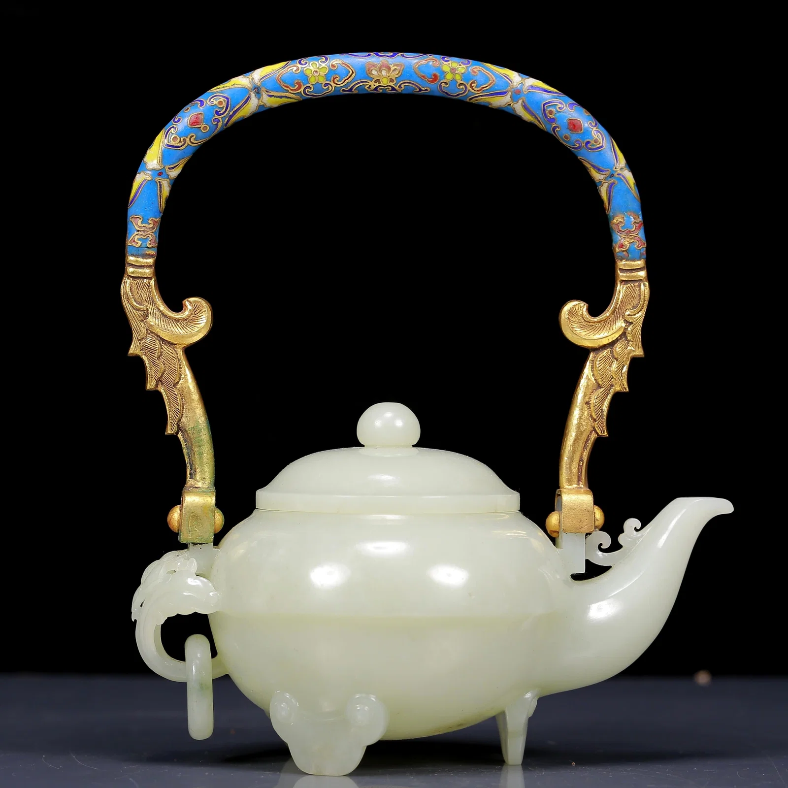 An Exquisite Greenish Jade Tripod Ewer with Gilt Bronze Handle