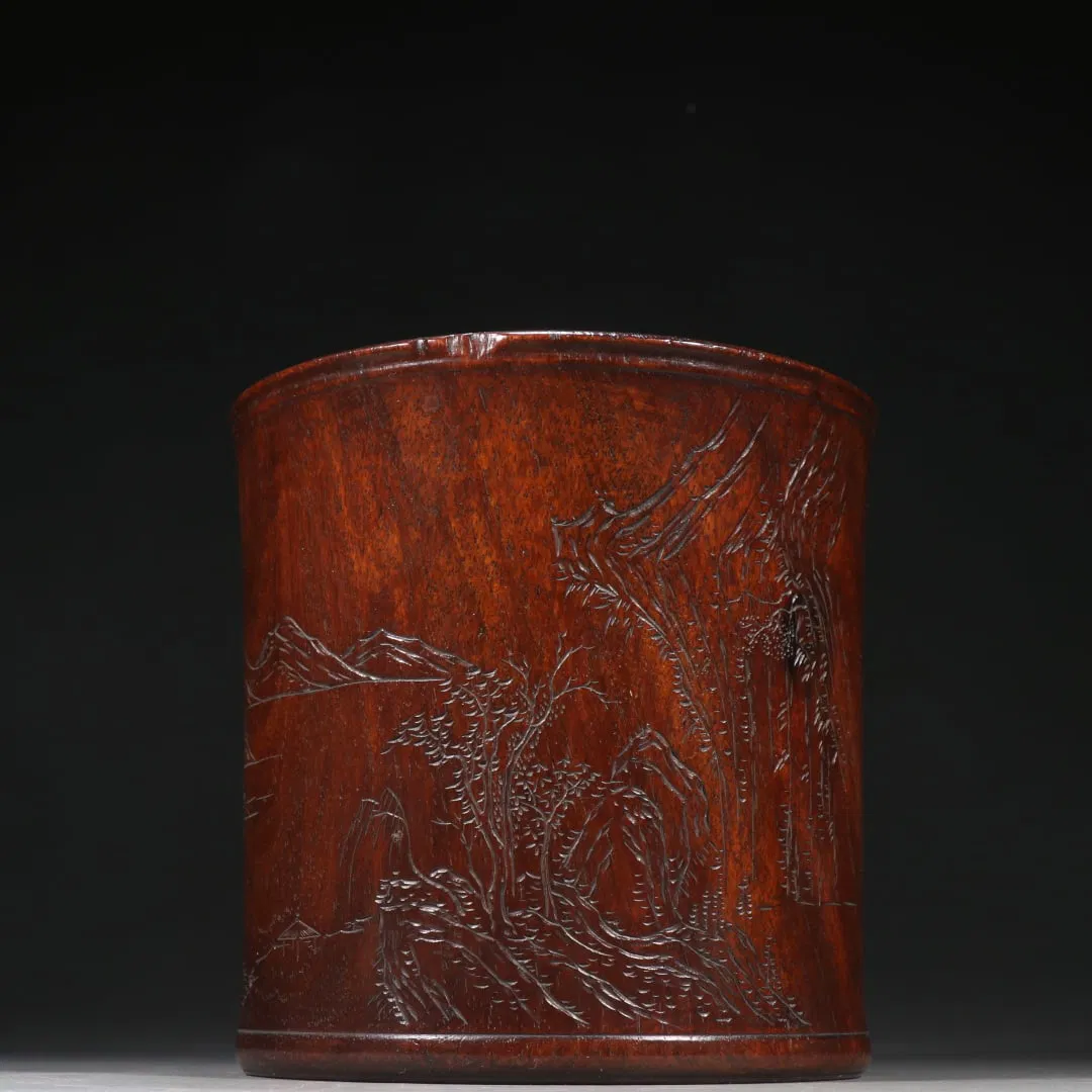 An Exquisite Huanghuali wood Landscape Pattern with poem Brush Pot