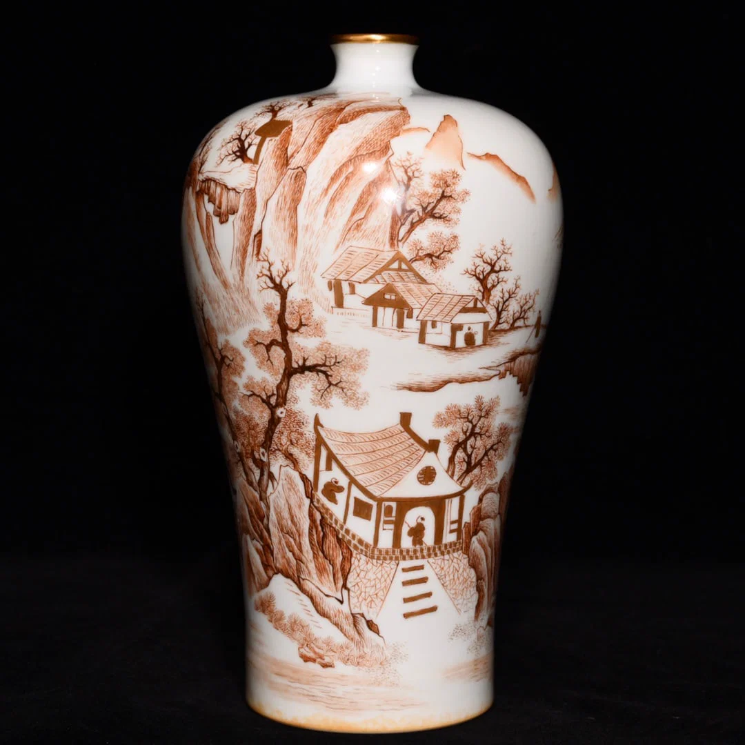 An Exquisite Iron-Red Painted Gold Landscape and Figure Pattern Vase