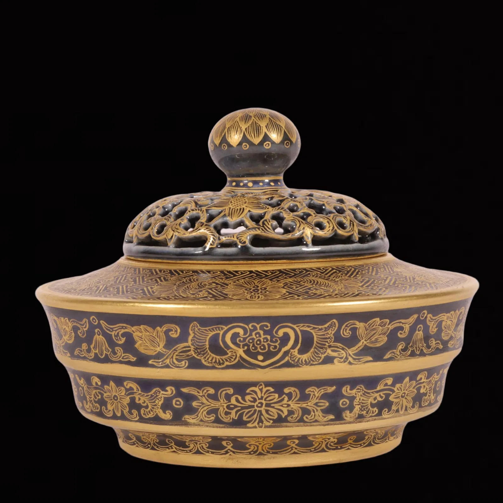 An Exquisite Ji Blue Glazed Painted Gold Lotus Pattern Censer