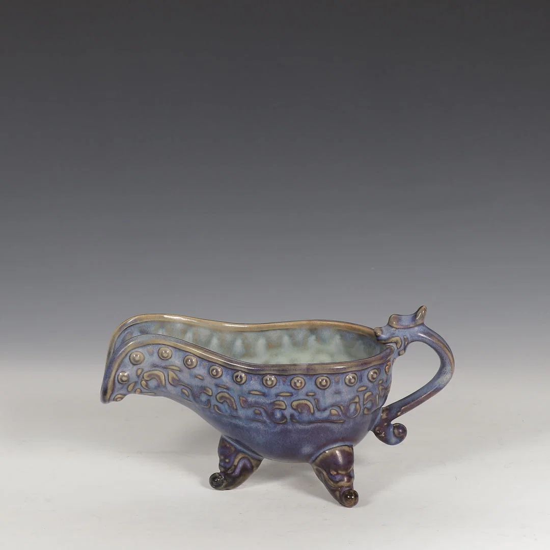 An Exquisite Jun yao Purple Glazed Dragon Pattern Tripod Goblet