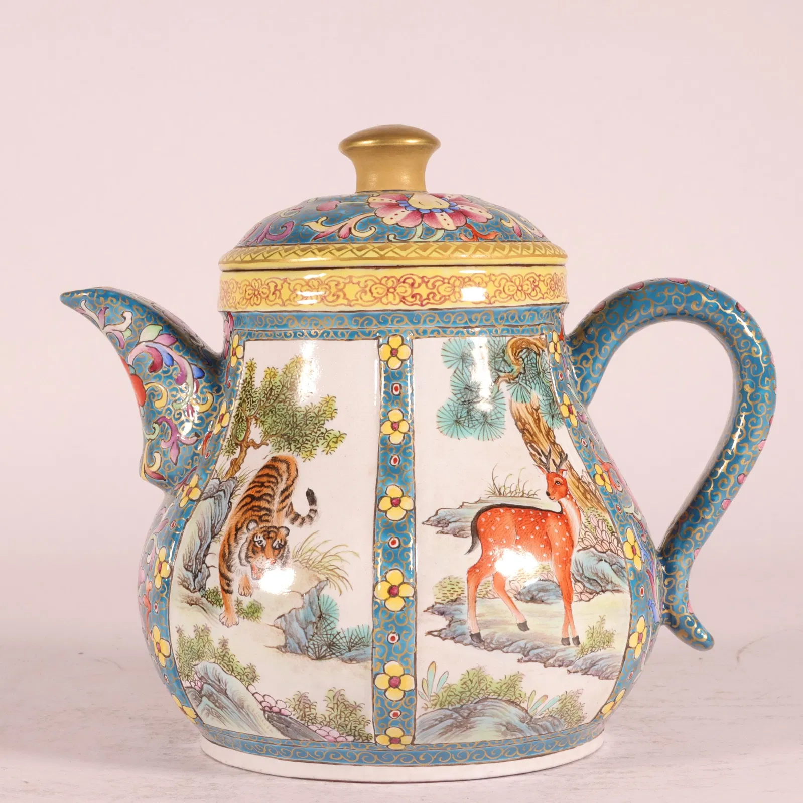 An Exquisite Purple Sands Famille-Rose Blue Ground Painted Gold Animal Pattern Ewer