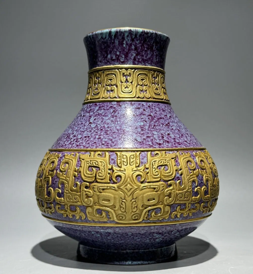 An Exquisite Robin's-Egg-Glazed Painted Gold Beast-Face Pattern Vase