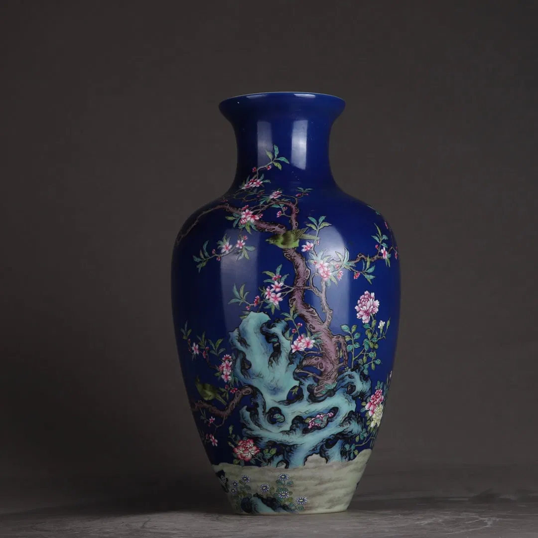 An Exquisite Sapphire Blue Glazed Famille-Rose Flower and Bird Pattern Vase