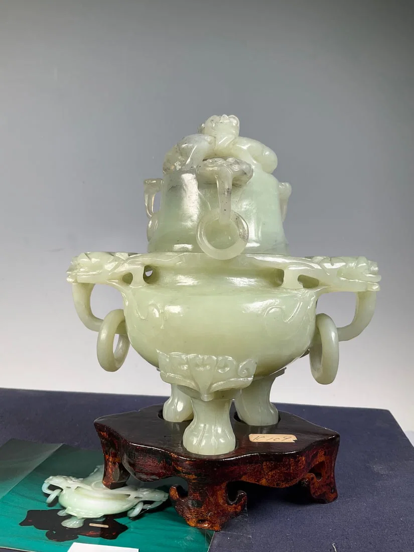 An Exquisite Serpentine Jade Beast-Face Pattern Double-Ears and Tripod Censer