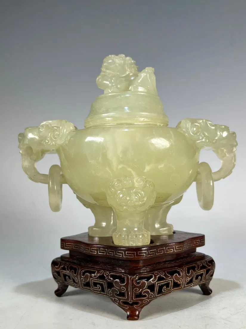 An Exquisite Serpentine Jade Double-Ears and Tripod Censer