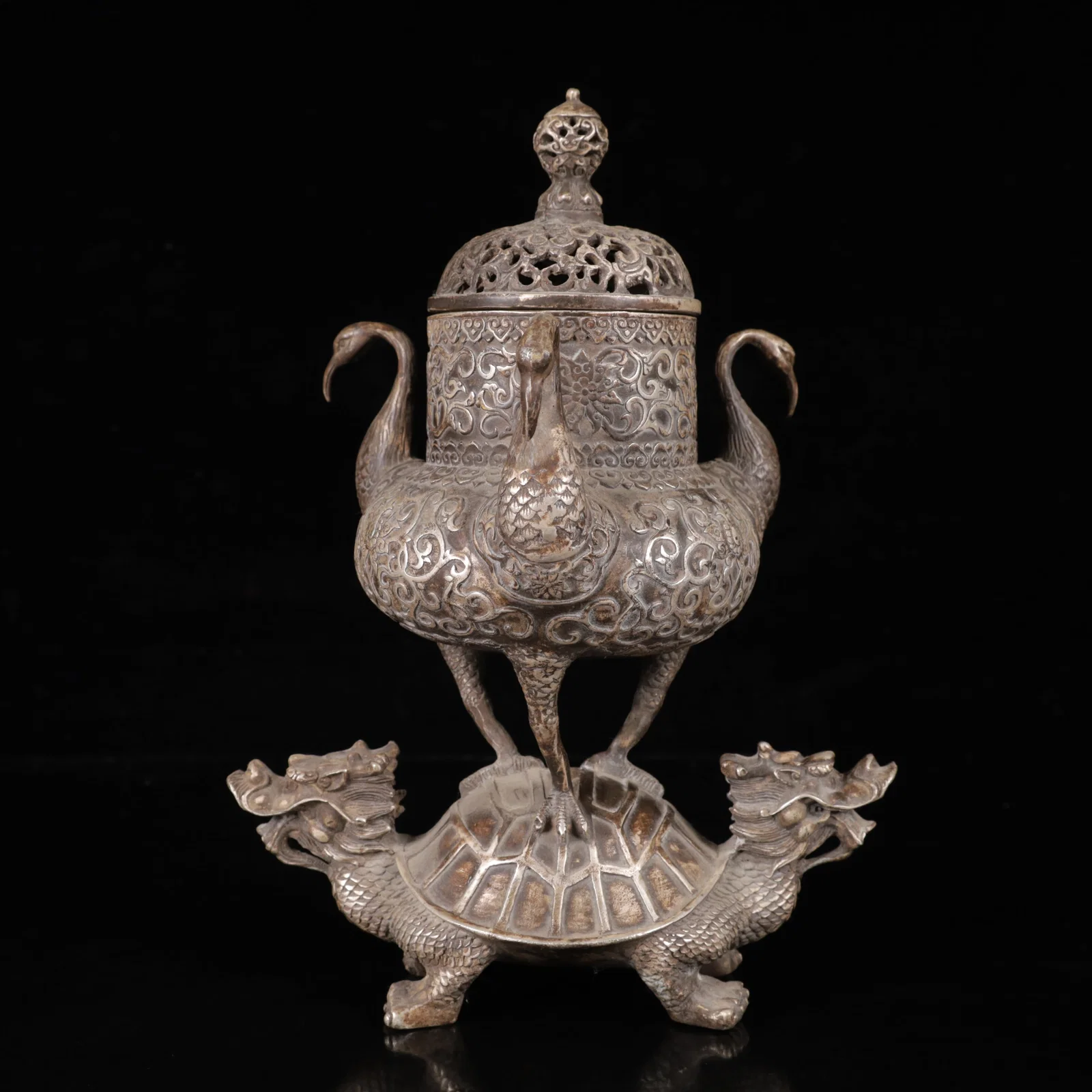 An Exquisite Silver Crane Pattern Auspicious Beast Censer