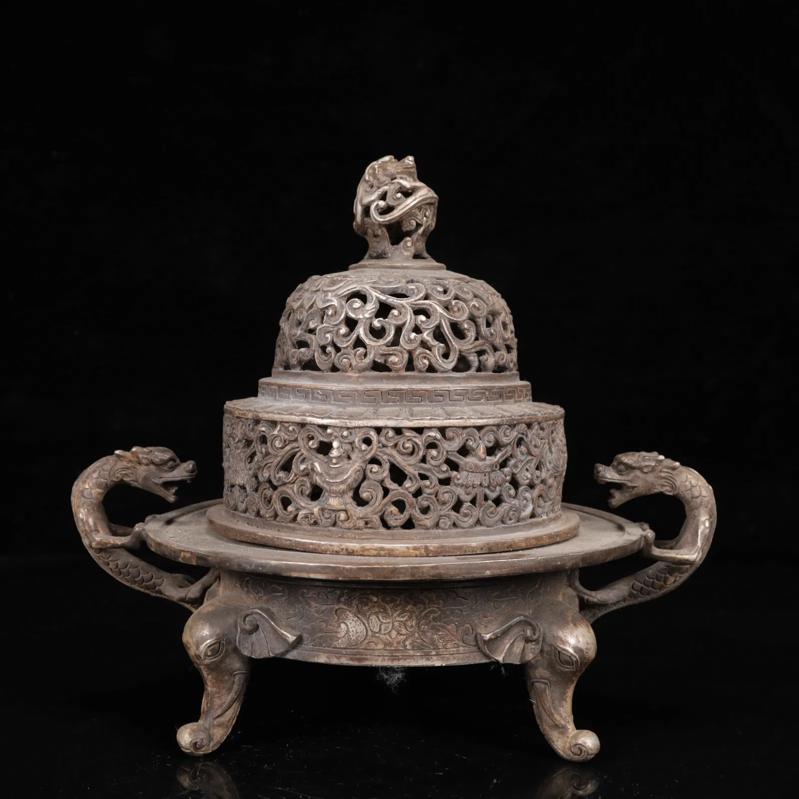 An Exquisite Silver Flower Pattern Dragon-Ears and Beast-Ears Censer