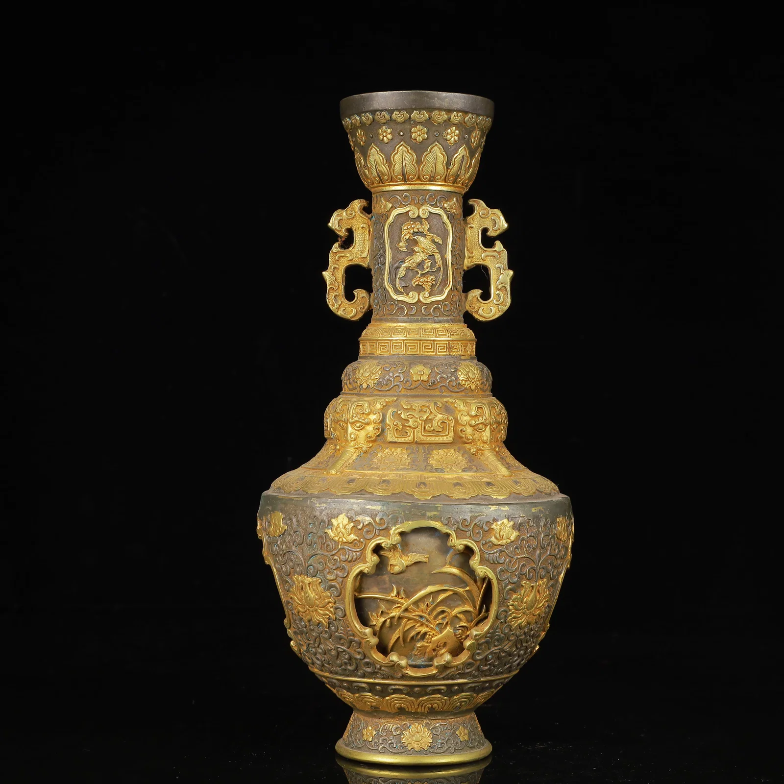 An Exquisite Silver-Gilt Bronze Plum Blossom,Orchid,Bamboo and Chrysanthemum Pattern Dragon-Ears
