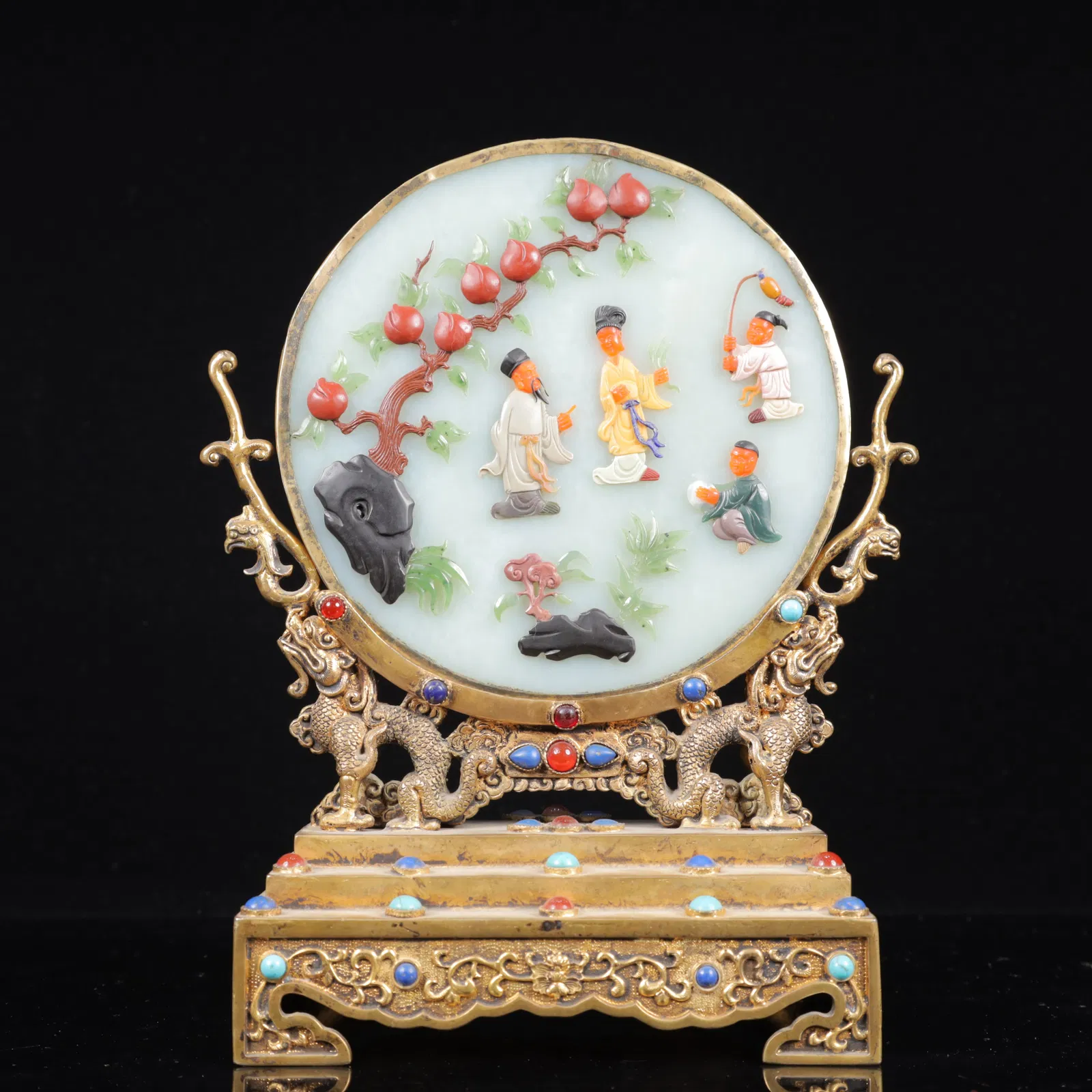 An Exquisite Silver-gilt Inlaid White Jade Figure Pattern Table Screen, Inlaid Gems