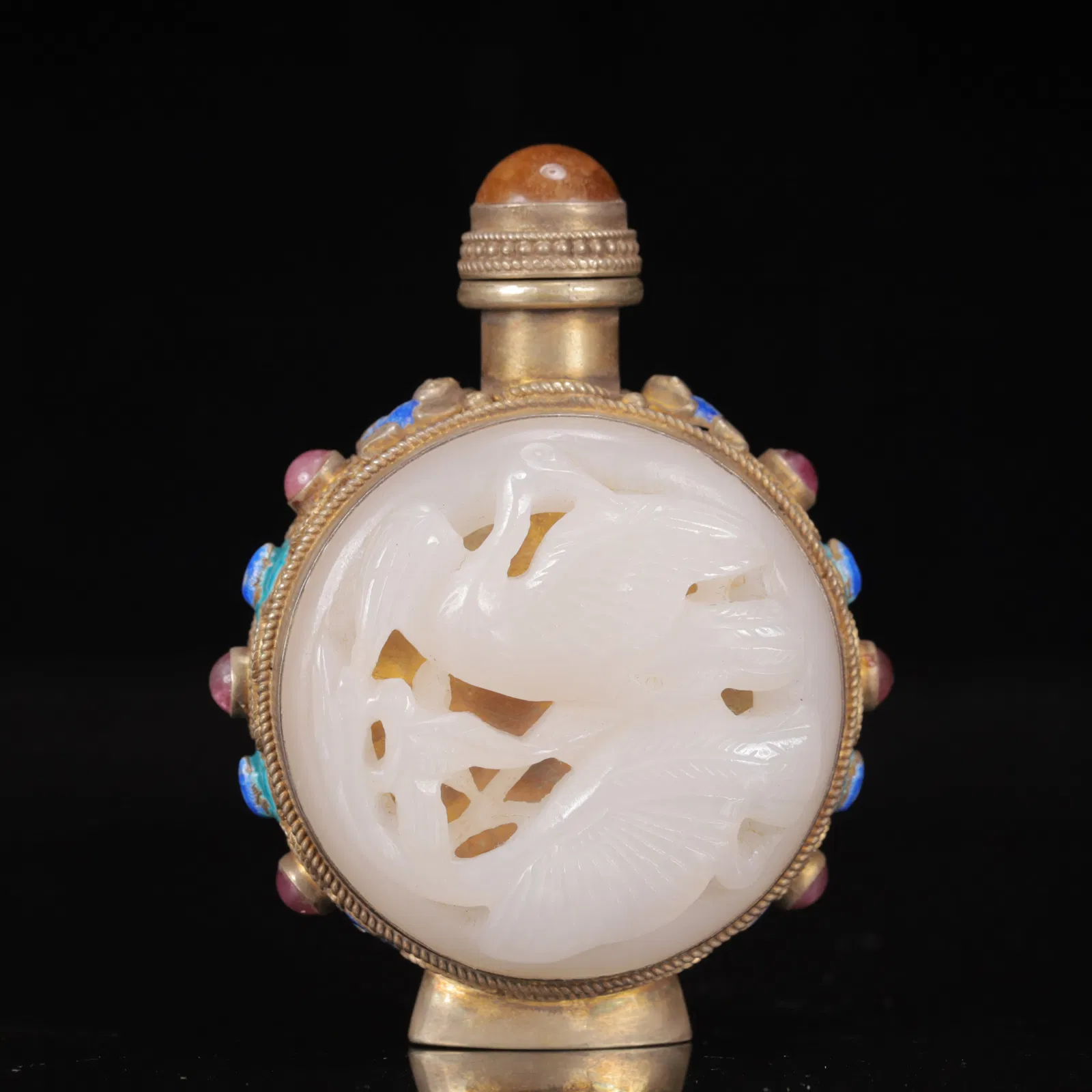 An Exquisite Silver Inlaid White Jade Crane Snuff Bottle,Inlaid Gems