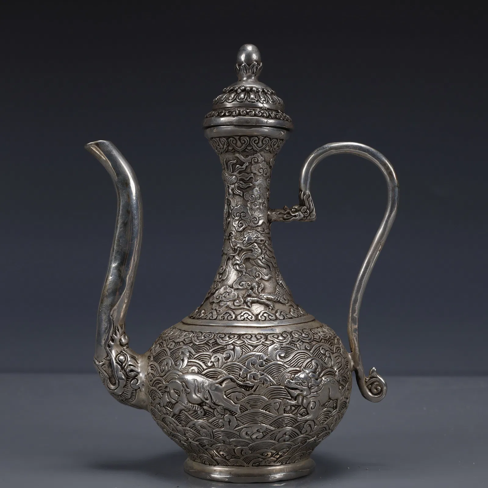 An Exquisite Silver-plated Auspicious Beast Pattern Ewer