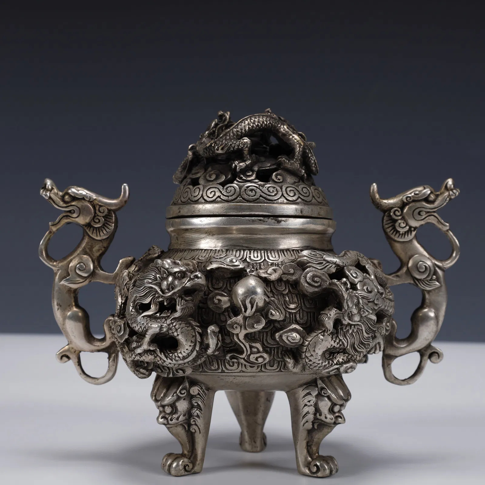 An Exquisite Silver-plated Dragon Pattern Double-Ears and Tripod Censer