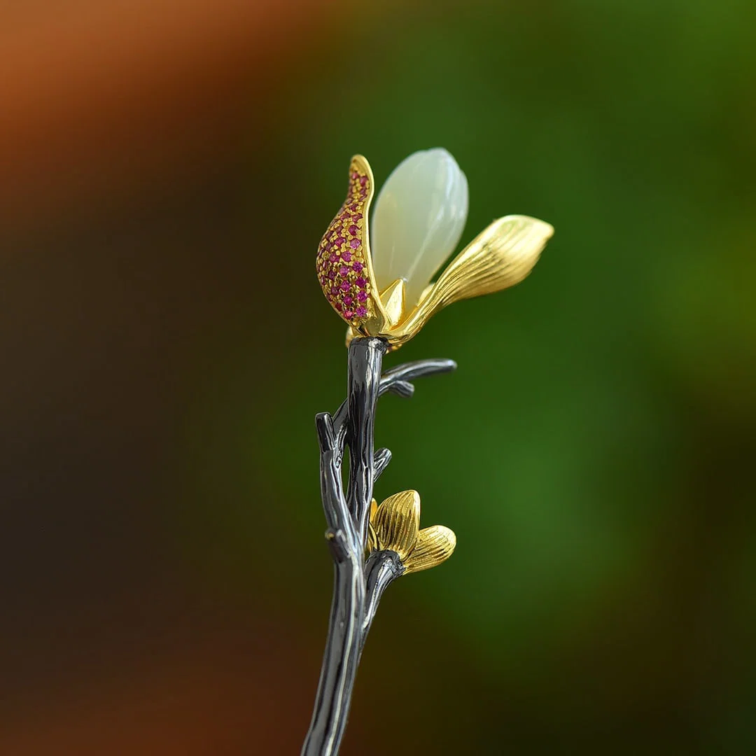 An Exquisite Sterling Silver-Gold Plated Inlaid White Jade Hairpin