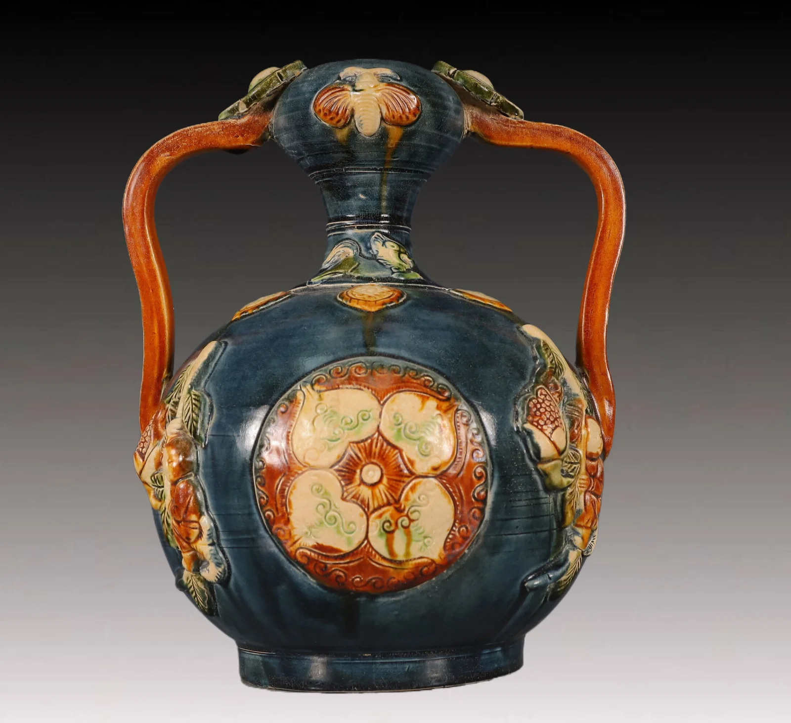 An Exquisite Tang Tri-Color Glazed Pottery Character and Story Pattern Double-Ears Vase