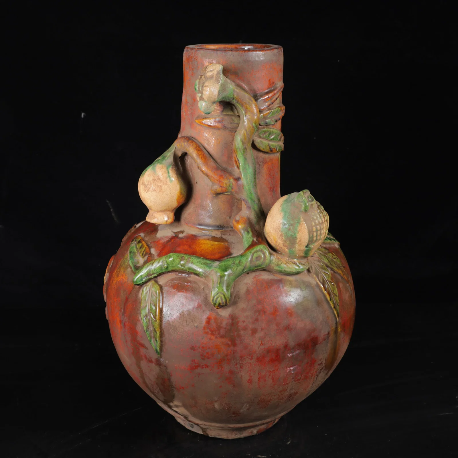 An Exquisite Tang Tri-Color Glazed Pottery Flower and Fruit Pattern Vase